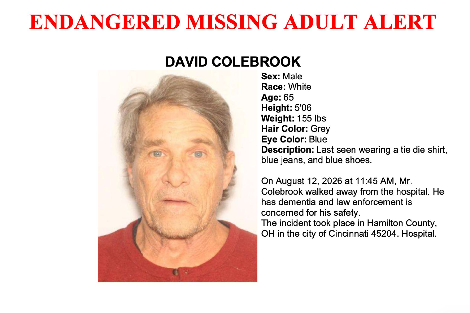 An Endangered Missing Adult Alert poster featuring a headshot of David Colebrook, an older white male wearing a red shirt, alongside text detailing his physical description and disappearance.