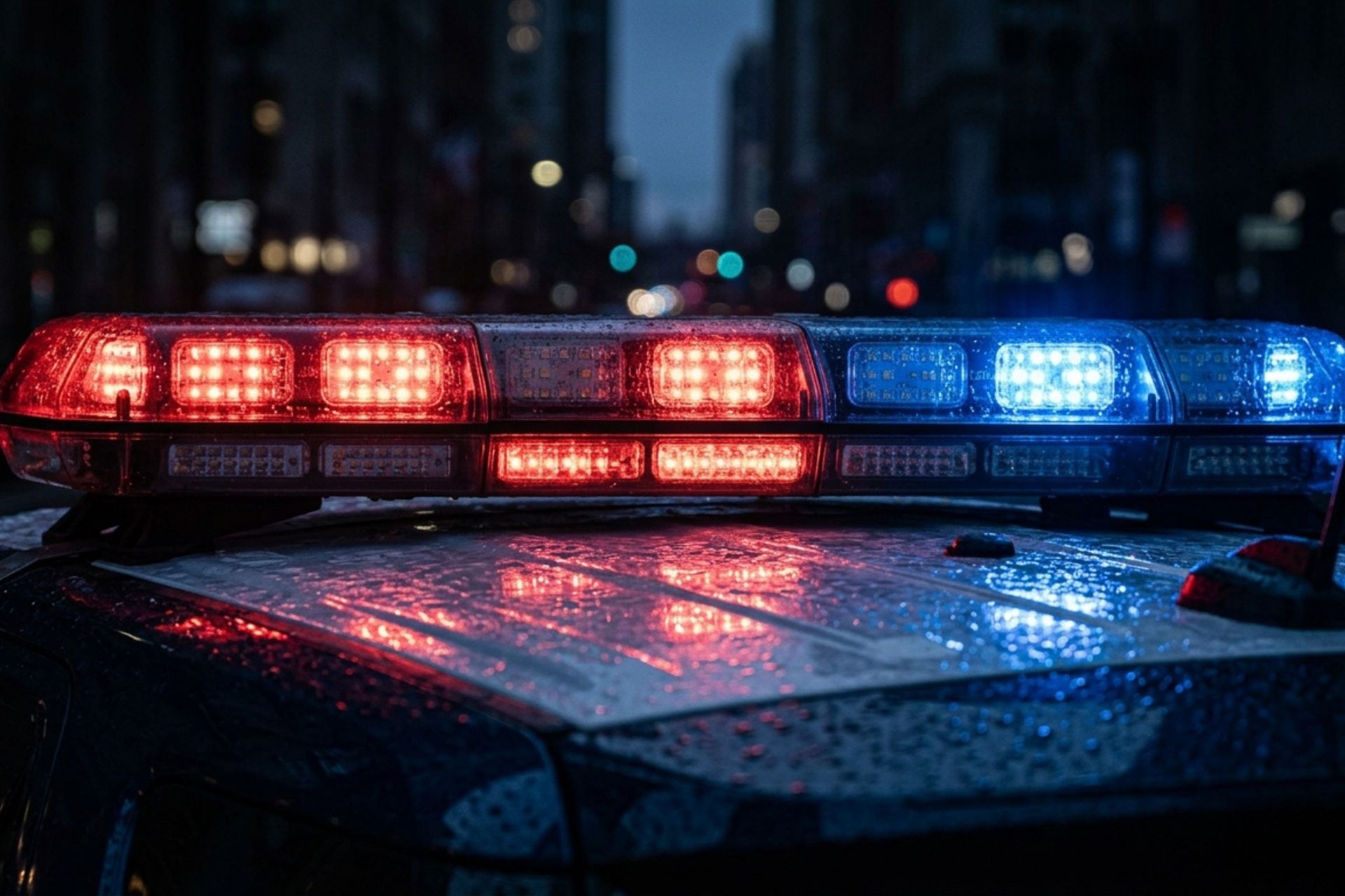 Flashing red and blue emergency lights on a police vehicle illuminated on a city street at night.