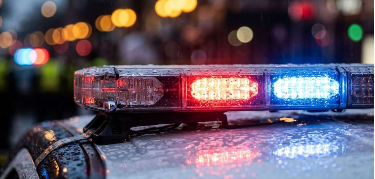 Flashing red and blue police lights on a cruiser at night, representing the law enforcement response to the University of Cincinnati area shootings.