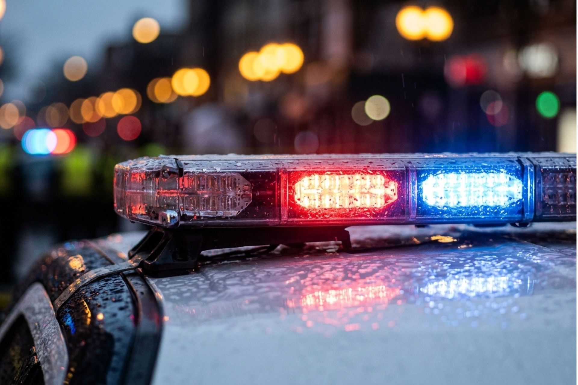 Flashing red and blue police lights on a cruiser at night, representing the law enforcement response to the University of Cincinnati area shootings.