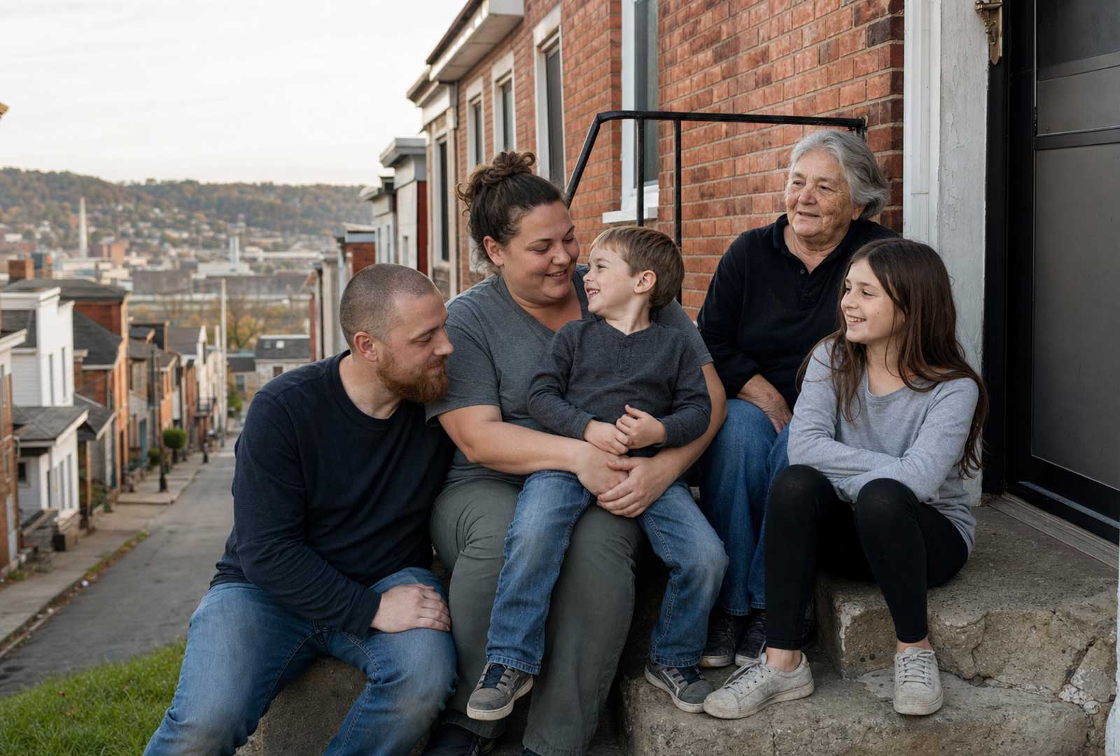 Urban Appalachian identity Cincinnati family sitting together on the stoop of a Lower Price Hill home
