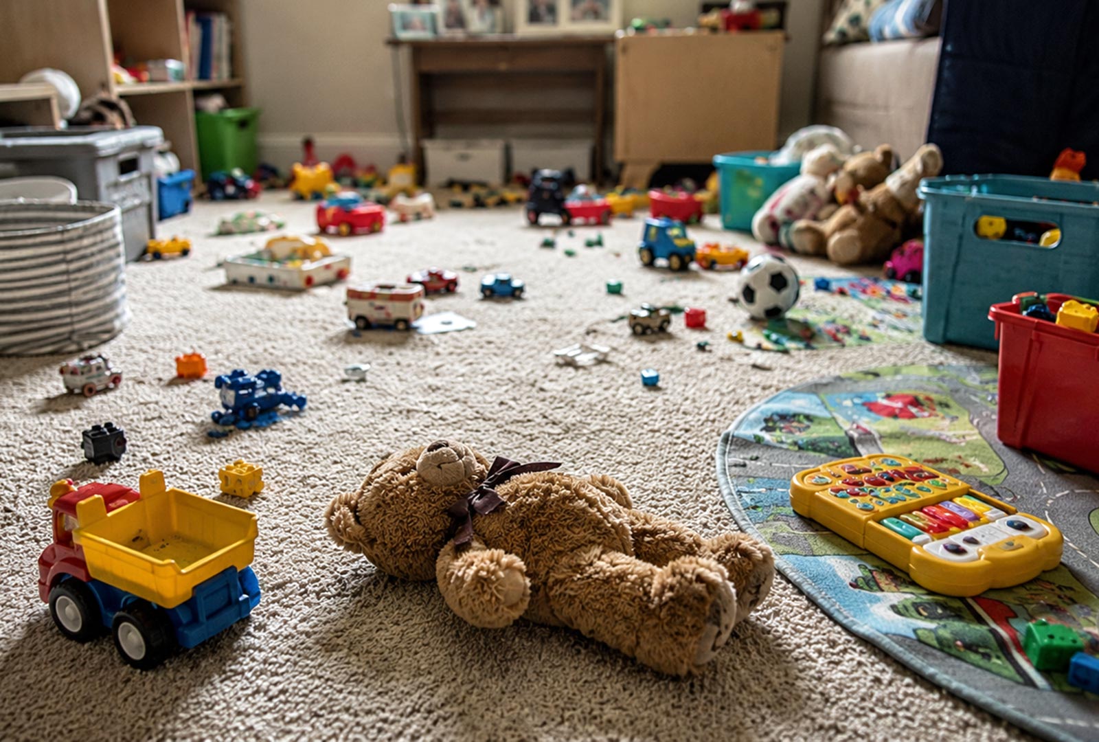 Children’s toys scattered across a playroom for an article about the William Evans GoFundMe in Cincinnati.