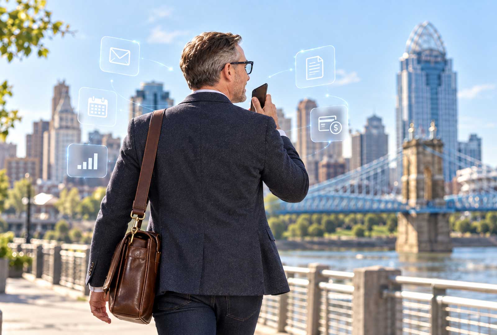AI productivity for small business owner using a smartphone on the Cincinnati riverfront