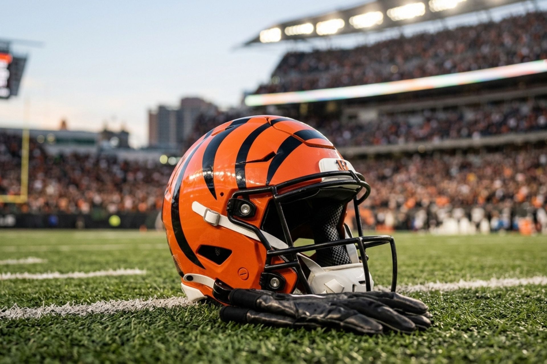 Cincinnati Bengals football helmet resting on the green turf of a football stadium.