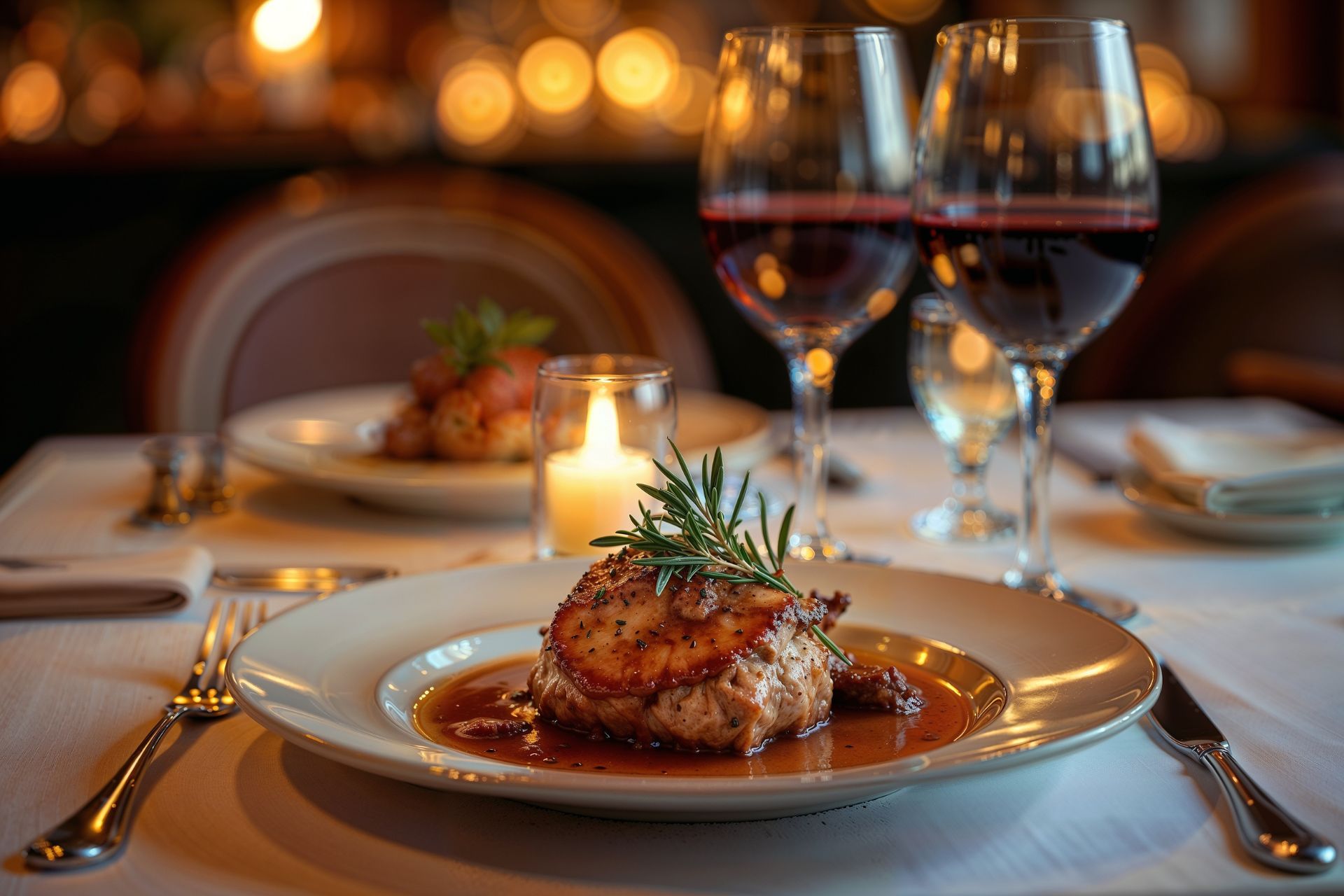 A gourmet plated entrée garnished with fresh herbs on a white dish, set on a candlelit fine-dining table with wine glasses in a warm, softly lit restaurant.
