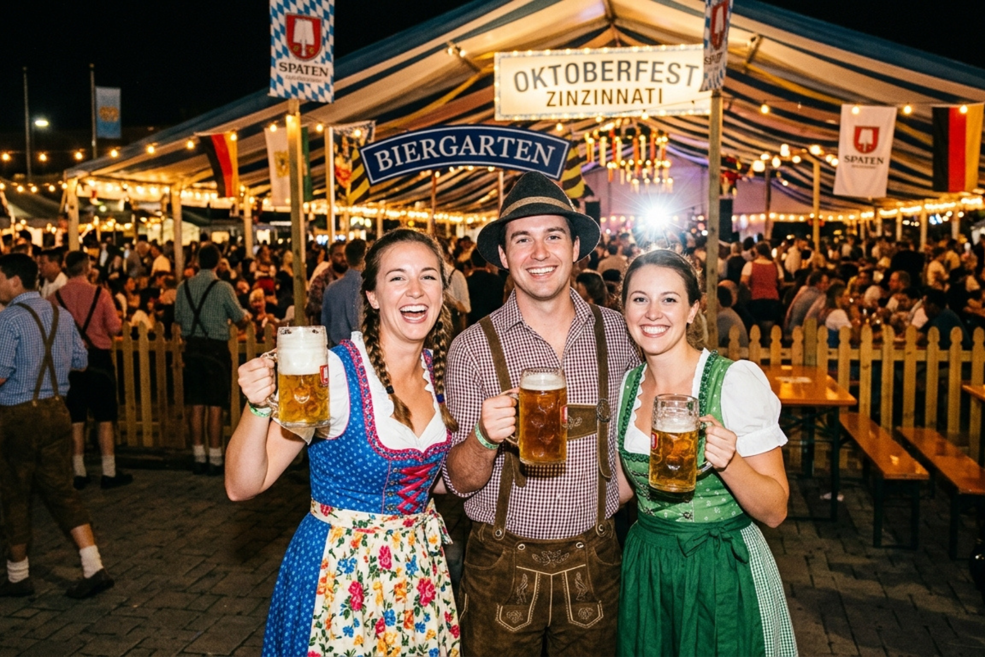 Two women in dirndls and a man in lederhosen smiling and raising large beer mugs at Oktoberfest Zinzinnati at night.
