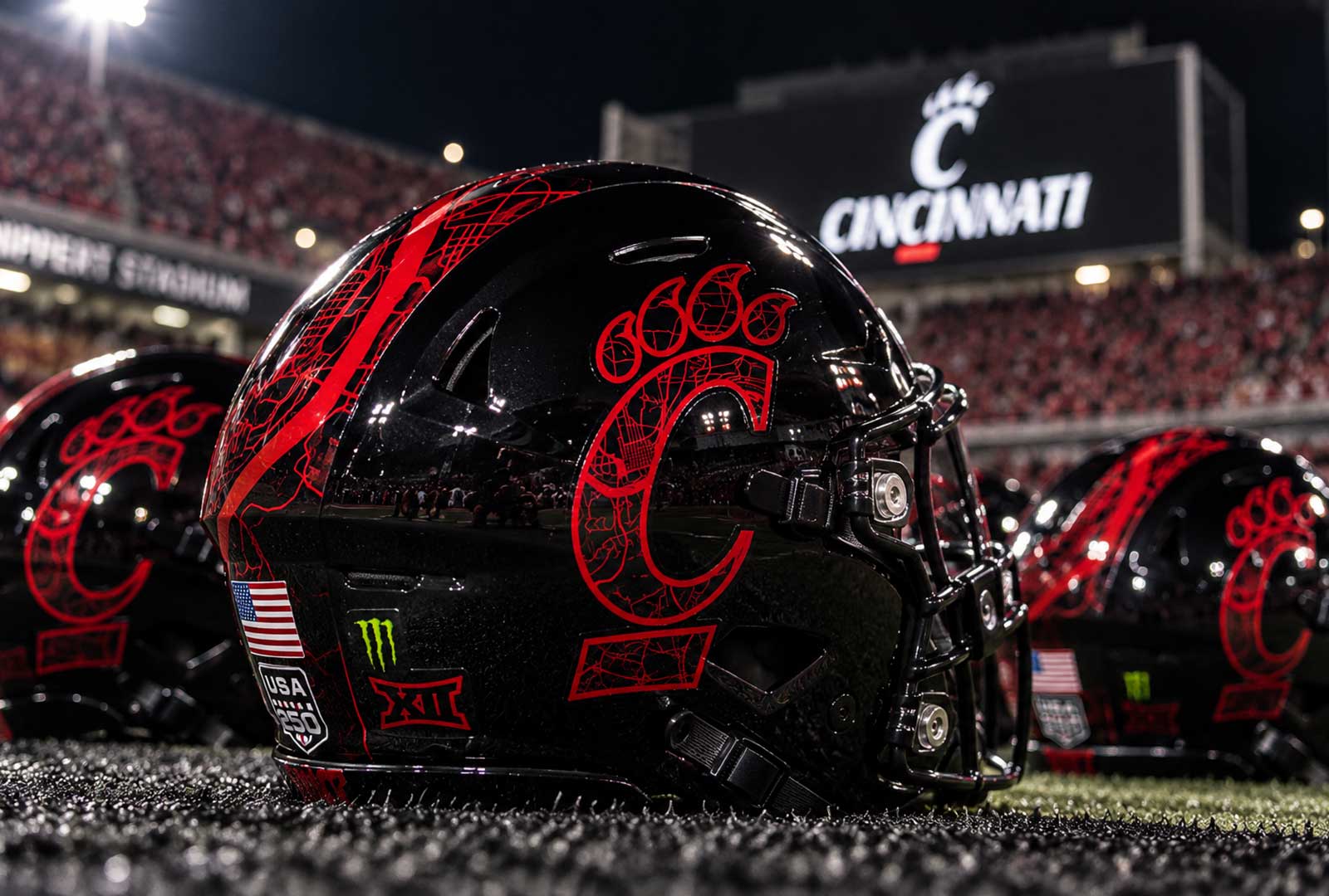 Cincinnati rushing attack featured custom black Bearcats helmets during the 31-26 win over Kansas State at Nippert Stadium.