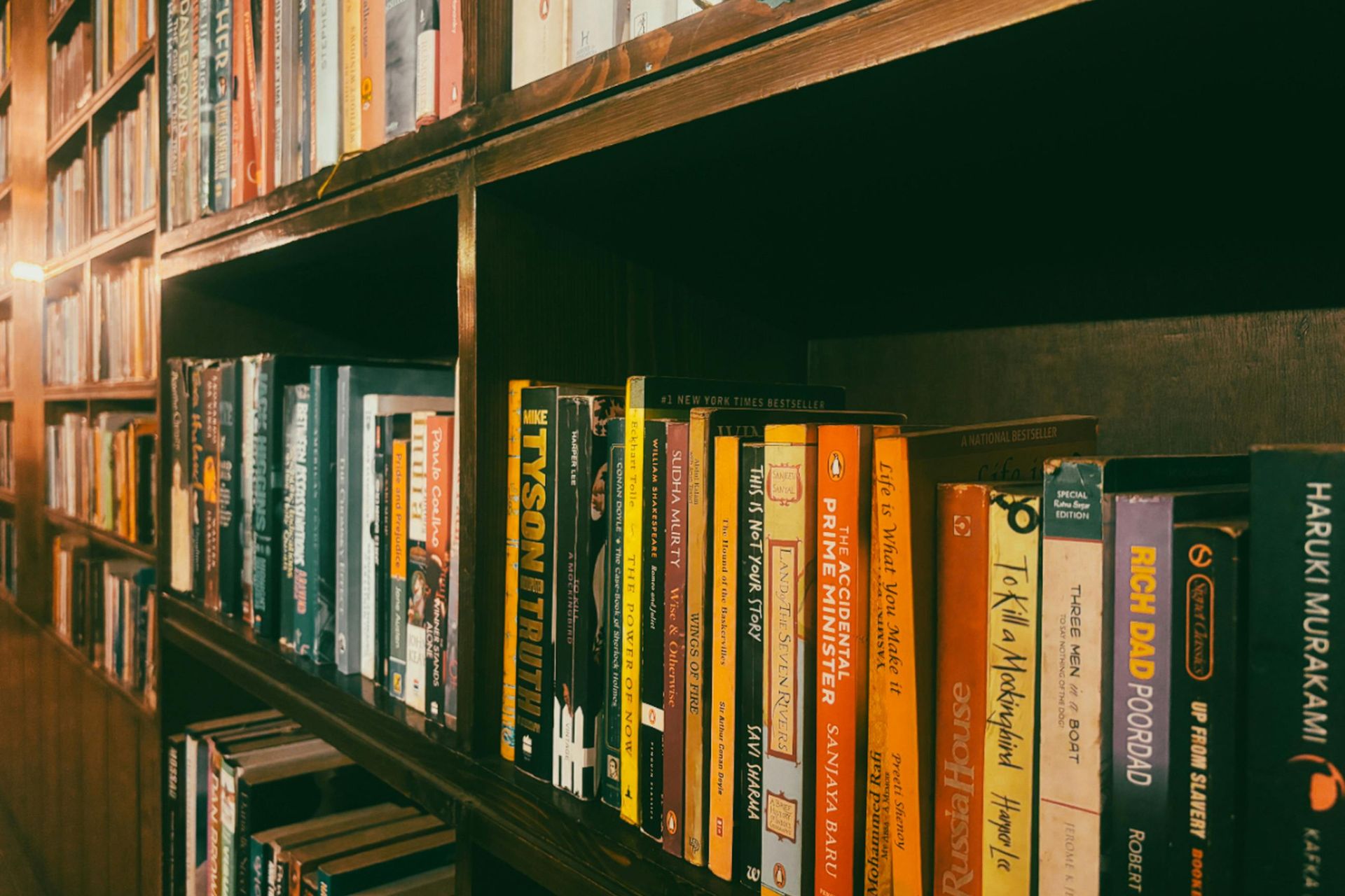 Rows of colorful books neatly arranged on wooden library shelves under warm lighting.