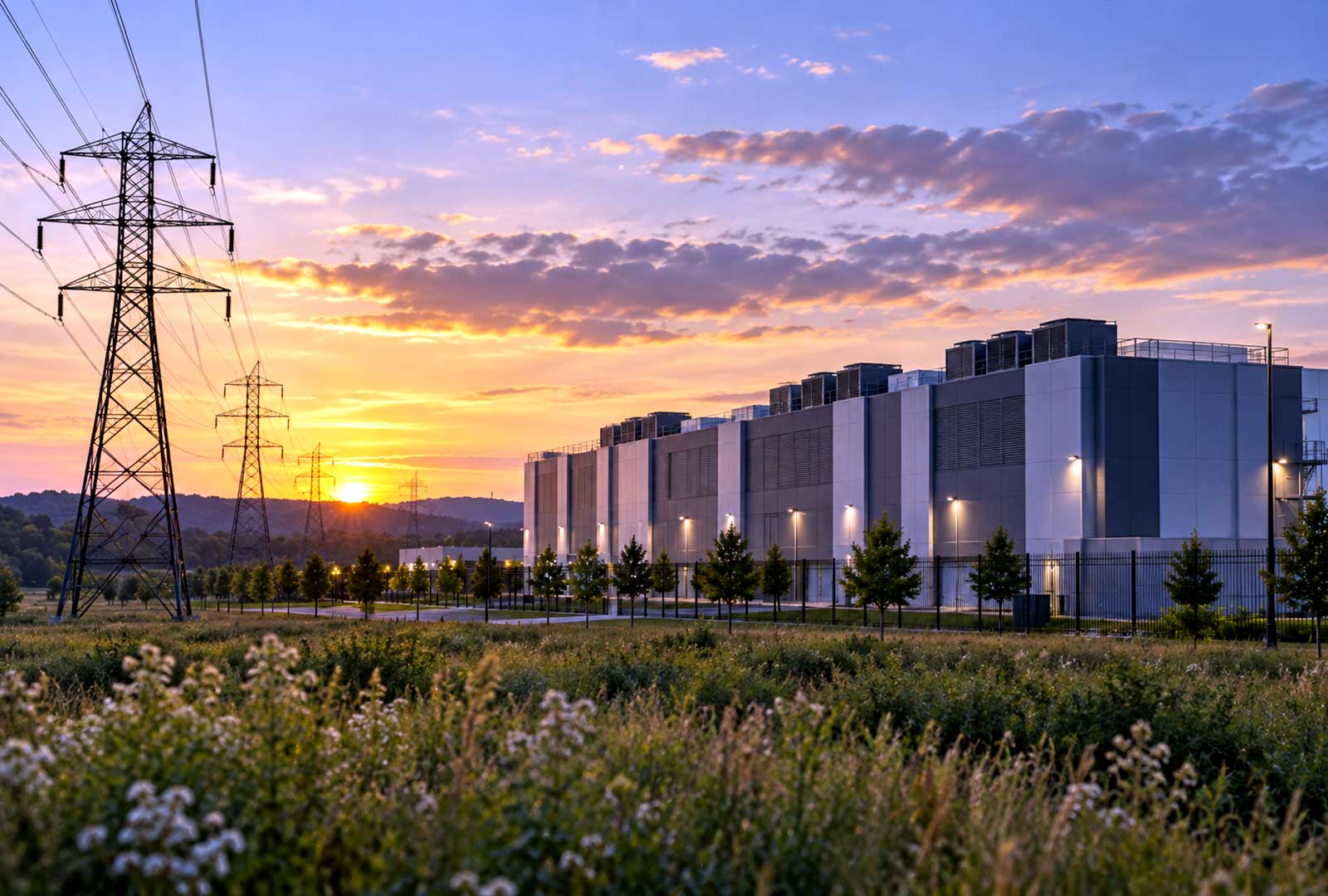 Data center tariff illustration showing a large data center beside high-voltage transmission lines.