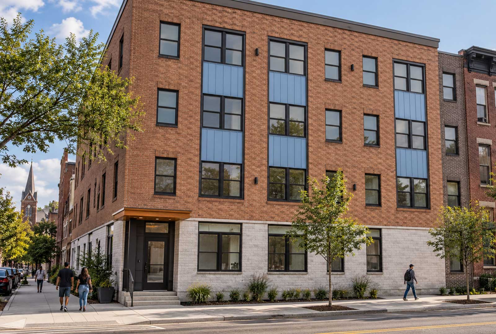 Modern supportive housing building in Over-the-Rhine illustrating Cincinnati’s Housing First funding debate.