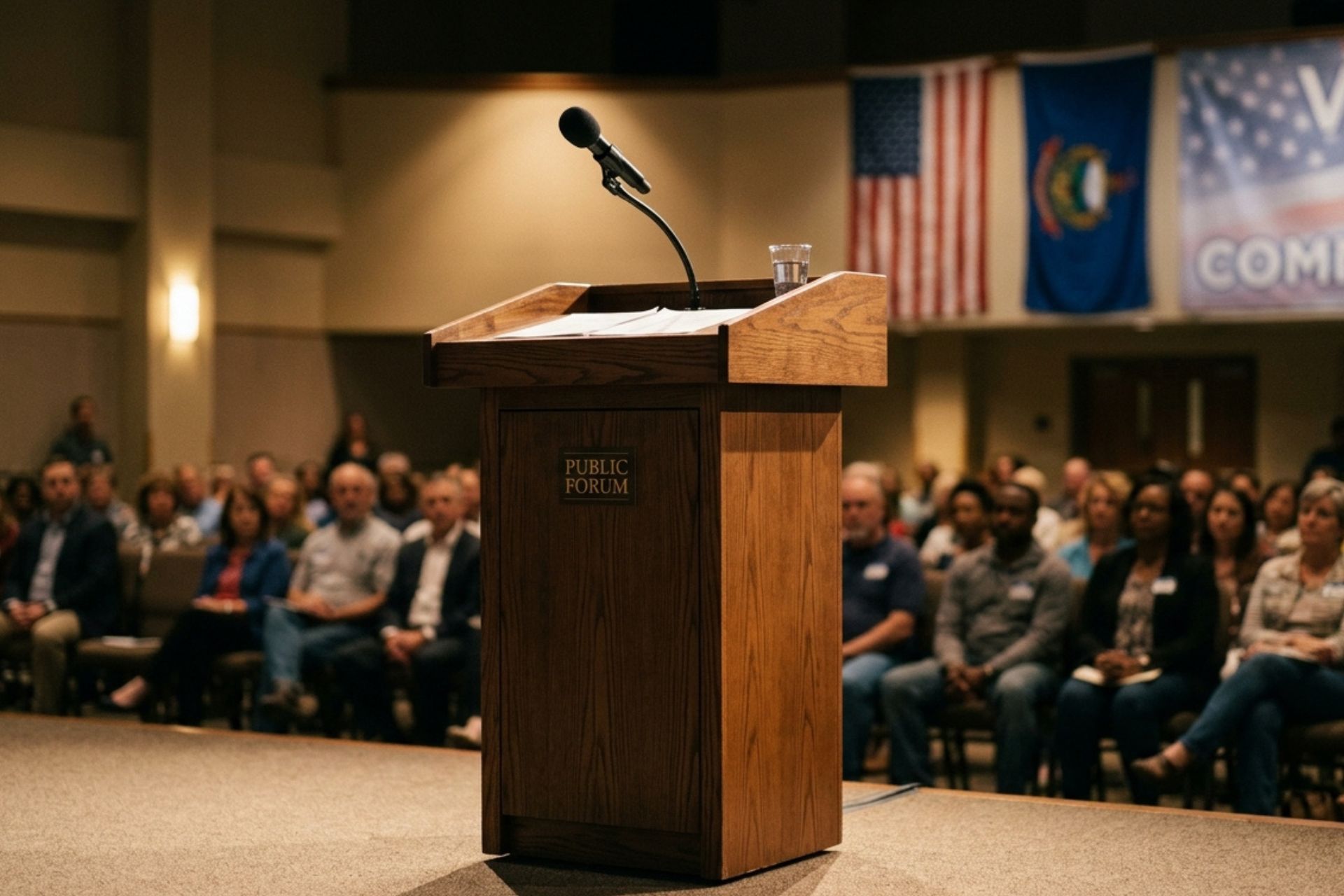 A wooden podium with a microphone standing on an auditorium stage before a seated crowd.