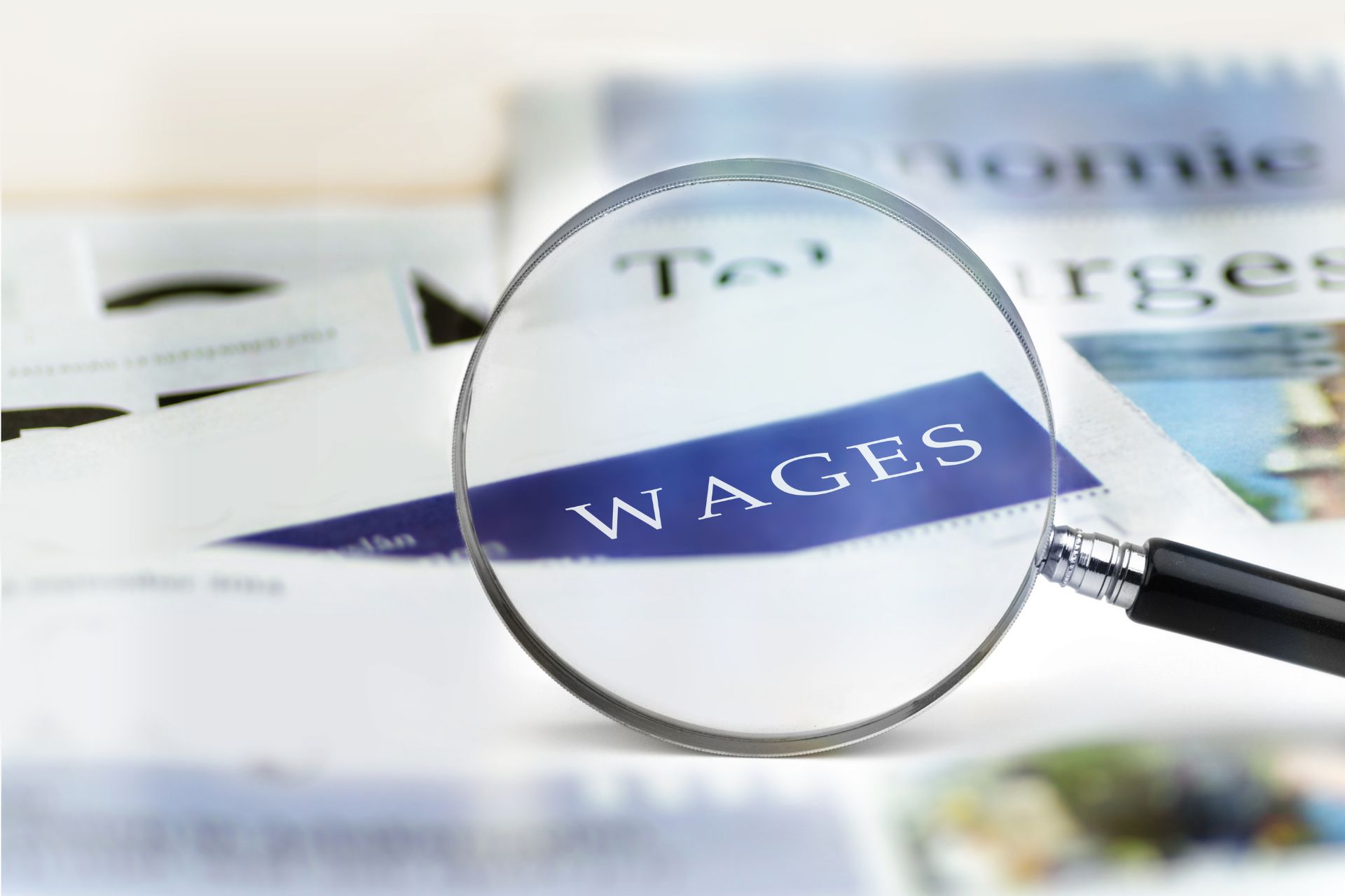 Magnifying glass focusing on the word "WAGES" printed on newspaper pages.