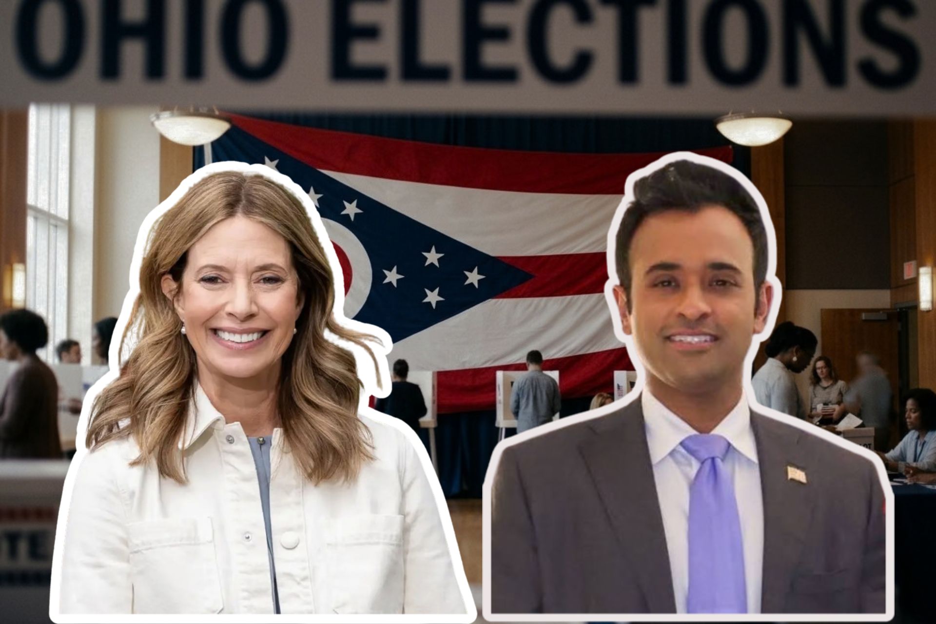 Vivek Ramaswamy and a woman standing in front of an Ohio Elections banner.