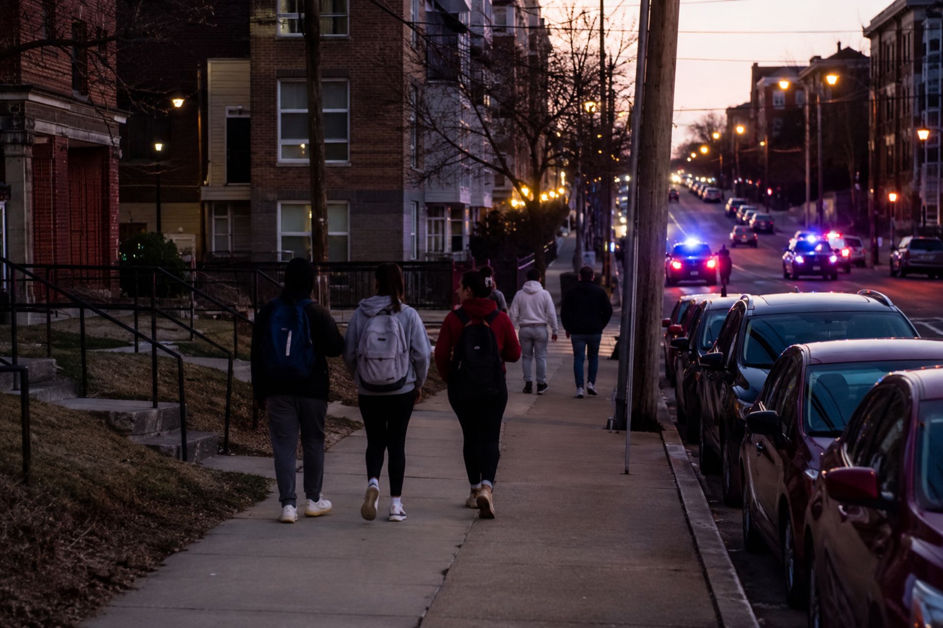 Students walking down a sidewalk at dusk with flashing emergency vehicle lights in the background.