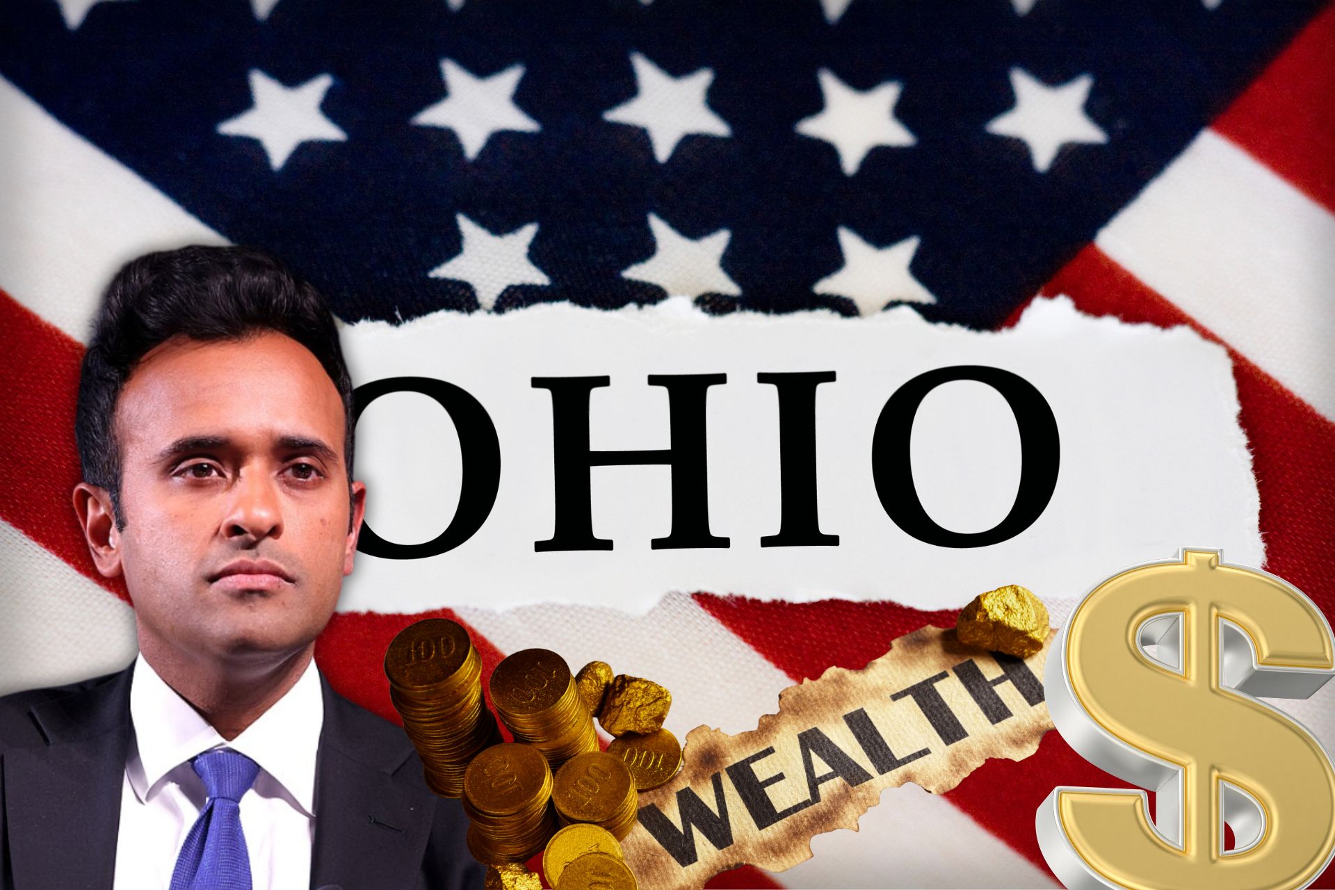 Vivek Ramaswamy graphic featuring the word "OHIO", an American flag backdrop, and wealth symbols [s