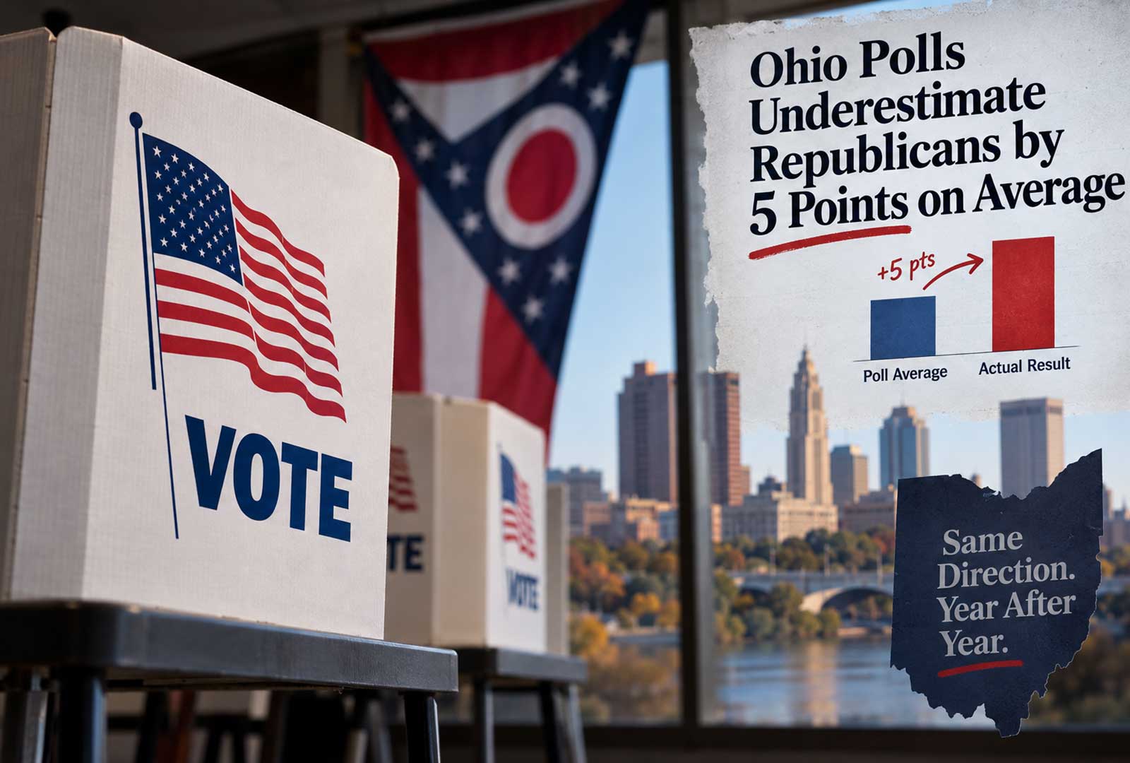 Ohio voting booths with the state flag and a graphic showing how Ohio polls underestimated Republican candidates by an average of 5 percentage points since 2014.