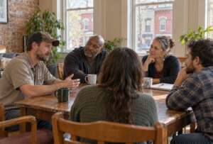 Five adults sit around a wooden table, listening during a conversation in a community recovery setting.