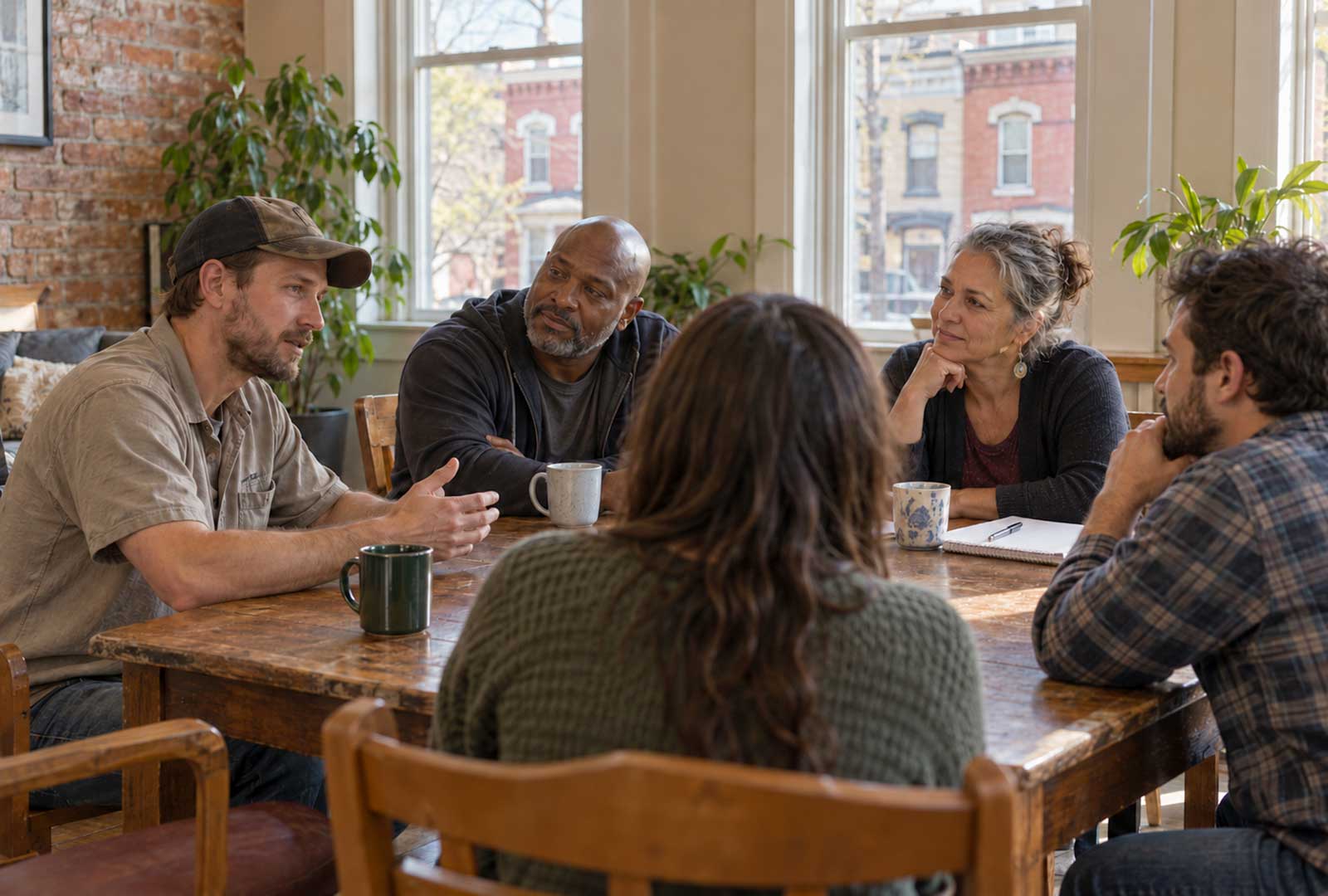 Five adults sit around a wooden table, listening during a conversation in a community recovery setting.