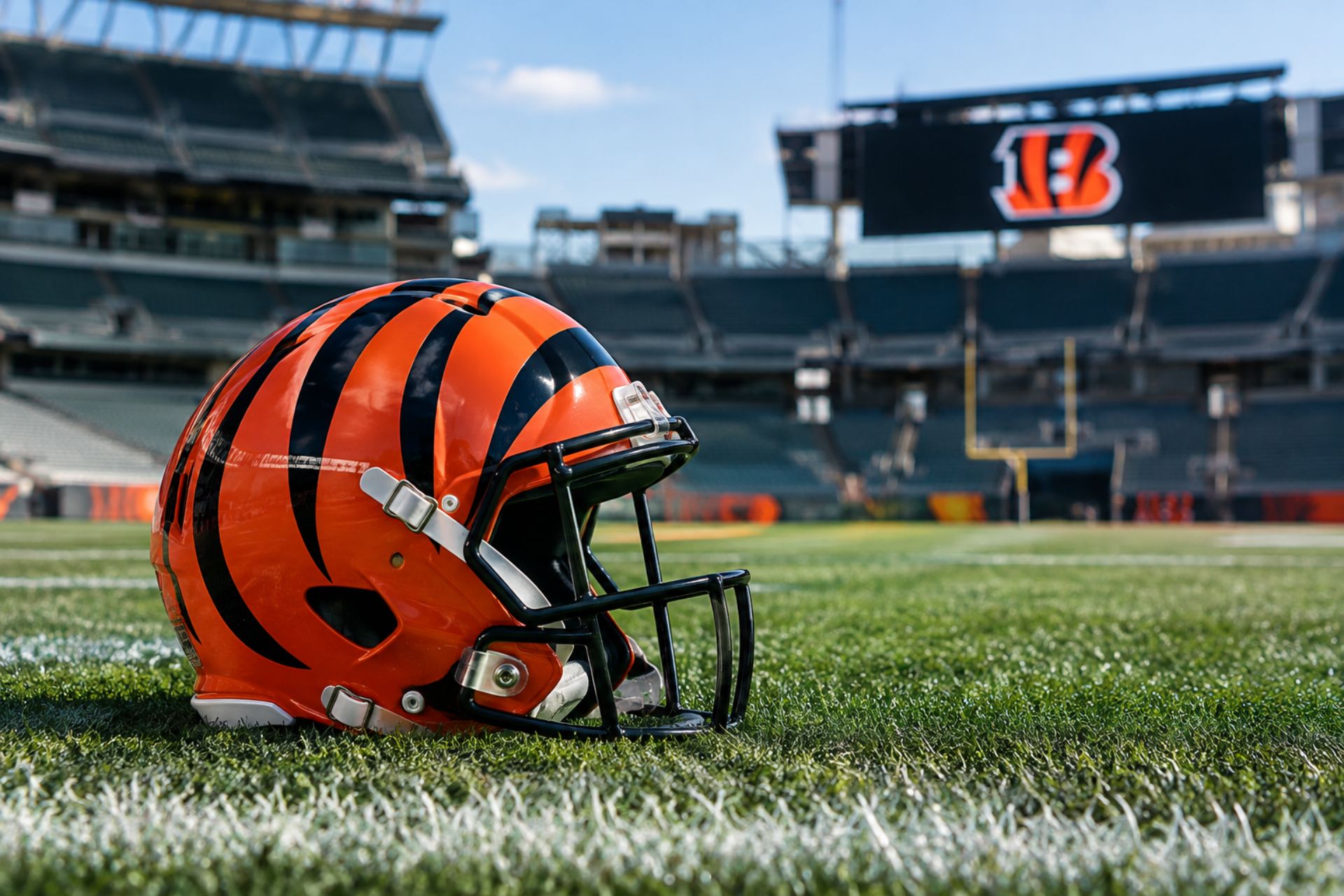 Orange and black tiger-striped football helmet resting on the grass of a stadium field.
