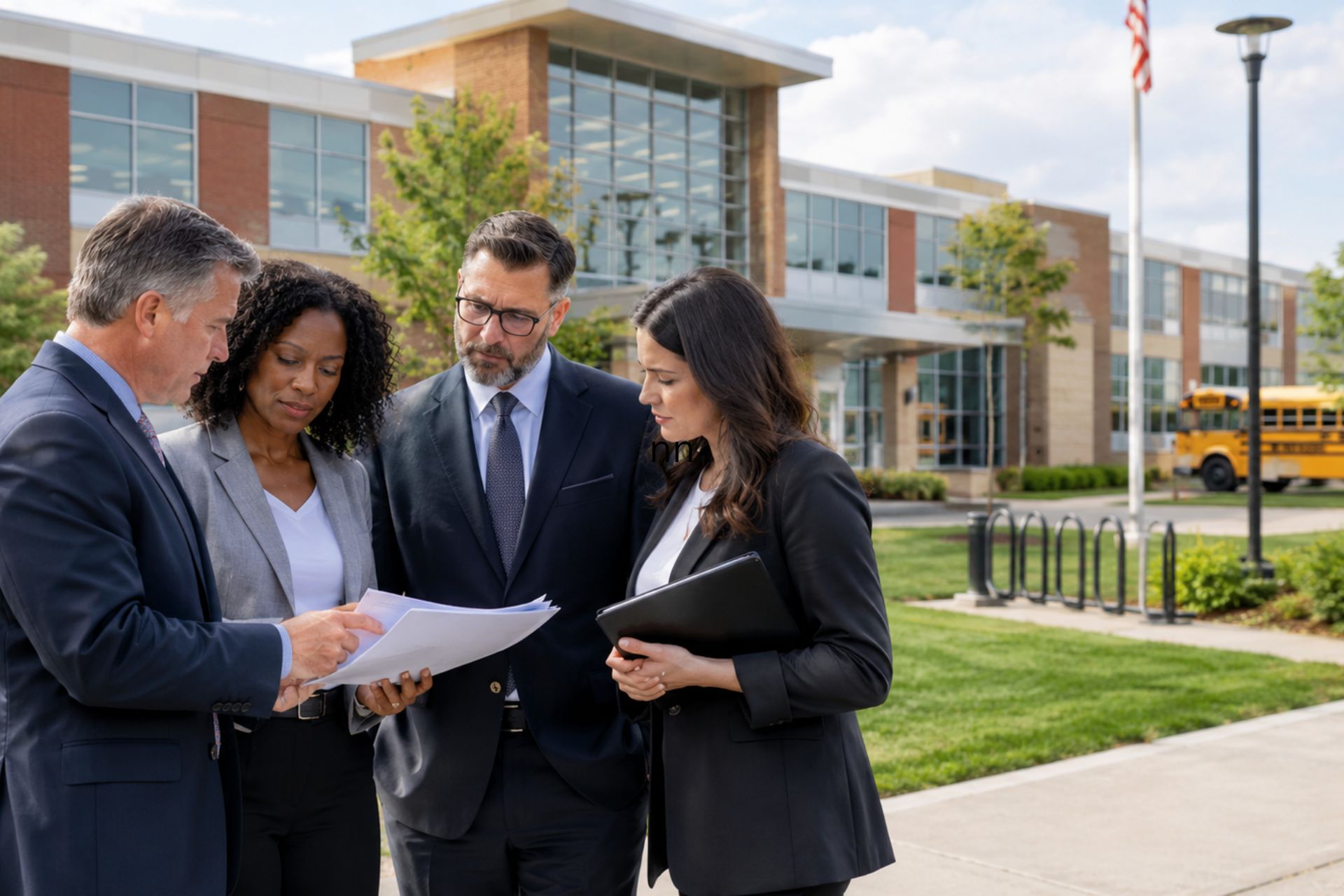 Four business leaders review documents together outside a Cincinnati school building