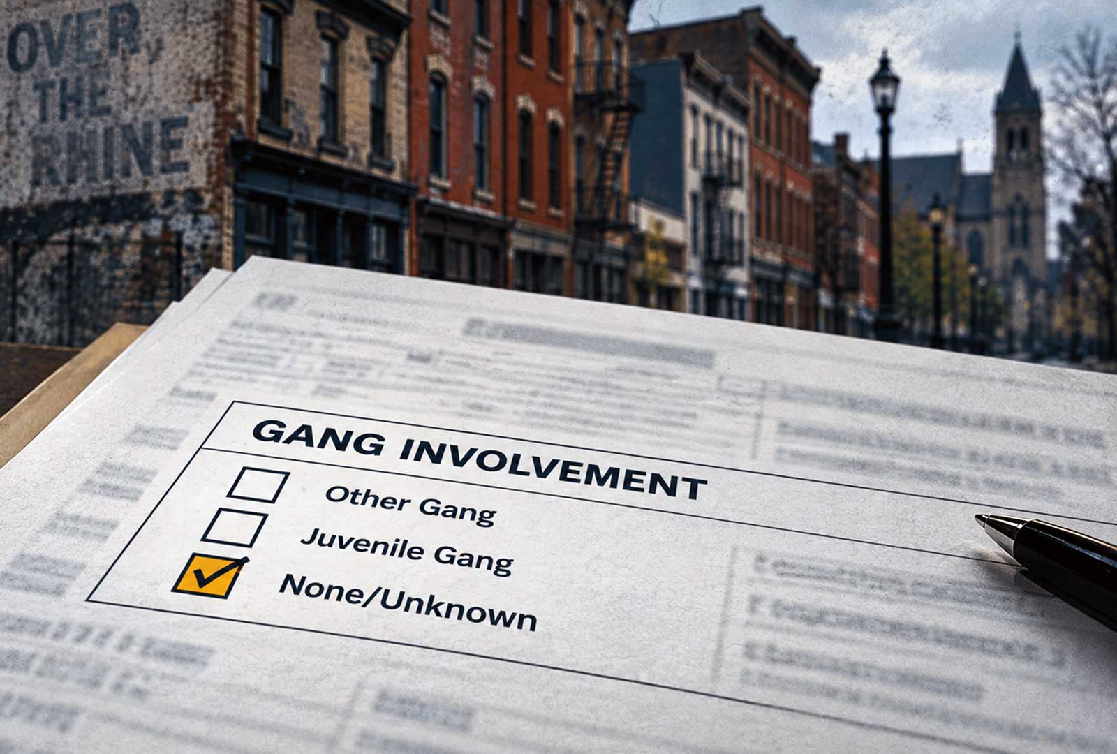 Cincinnati gang data illustration showing a police incident report with “None/Unknown” selected for gang involvement.