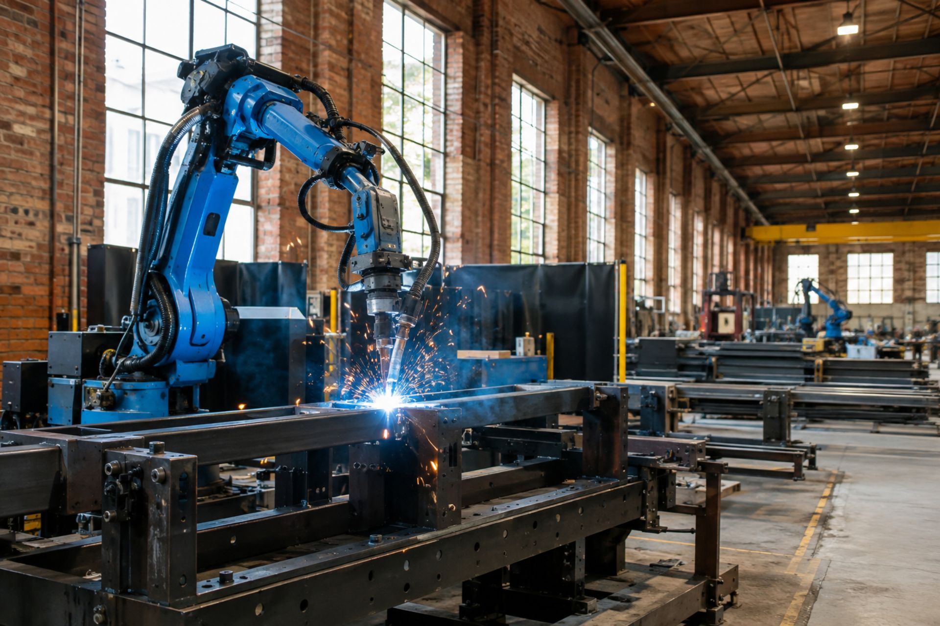 Blue robotic arm welding in a large brick factory building with tall windows and long metal work tables