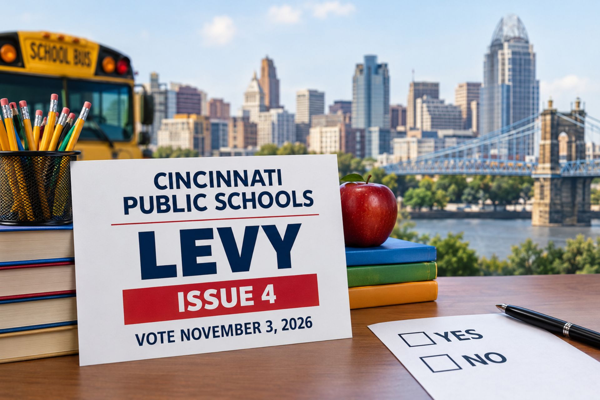 Illustration of a Cincinnati Public Schools Levy Issue 4 sign, with a school bus, books, an apple, a ballot and the Cincinnati skyline.