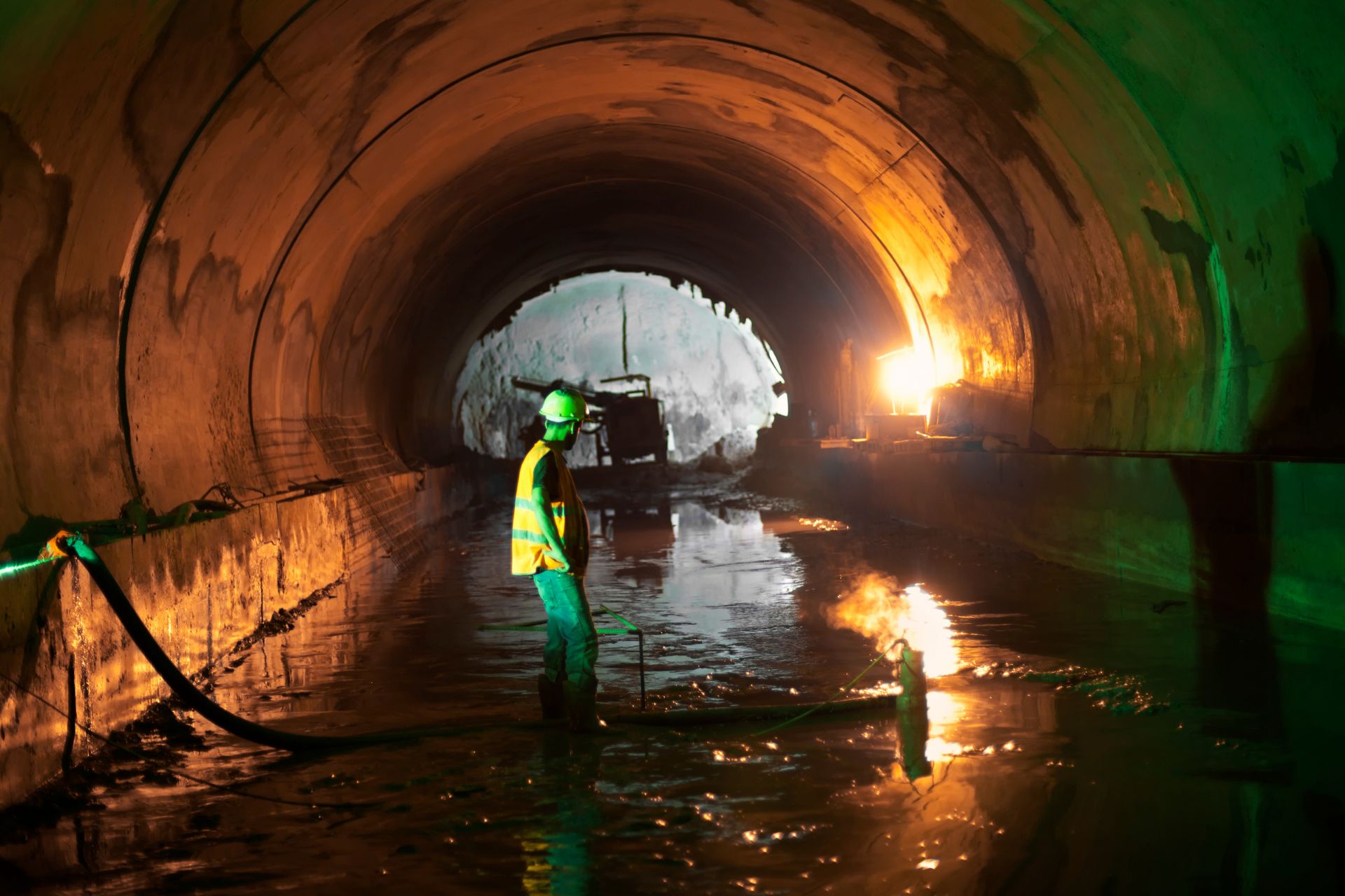 A worker in a high-visibility safety vest standing in a dimly lit underground subway tunnel illuminated by warm work lamps.