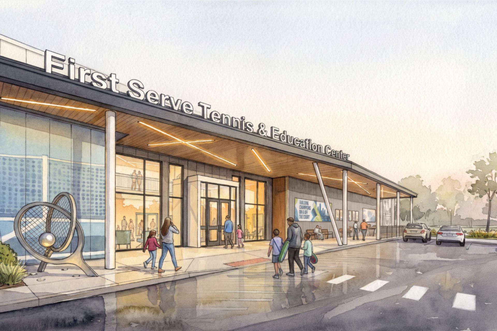 Architectural rendering of the planned Cincinnati tennis center, a modern glass-front building with a sloped roof and people walking toward the entrance.