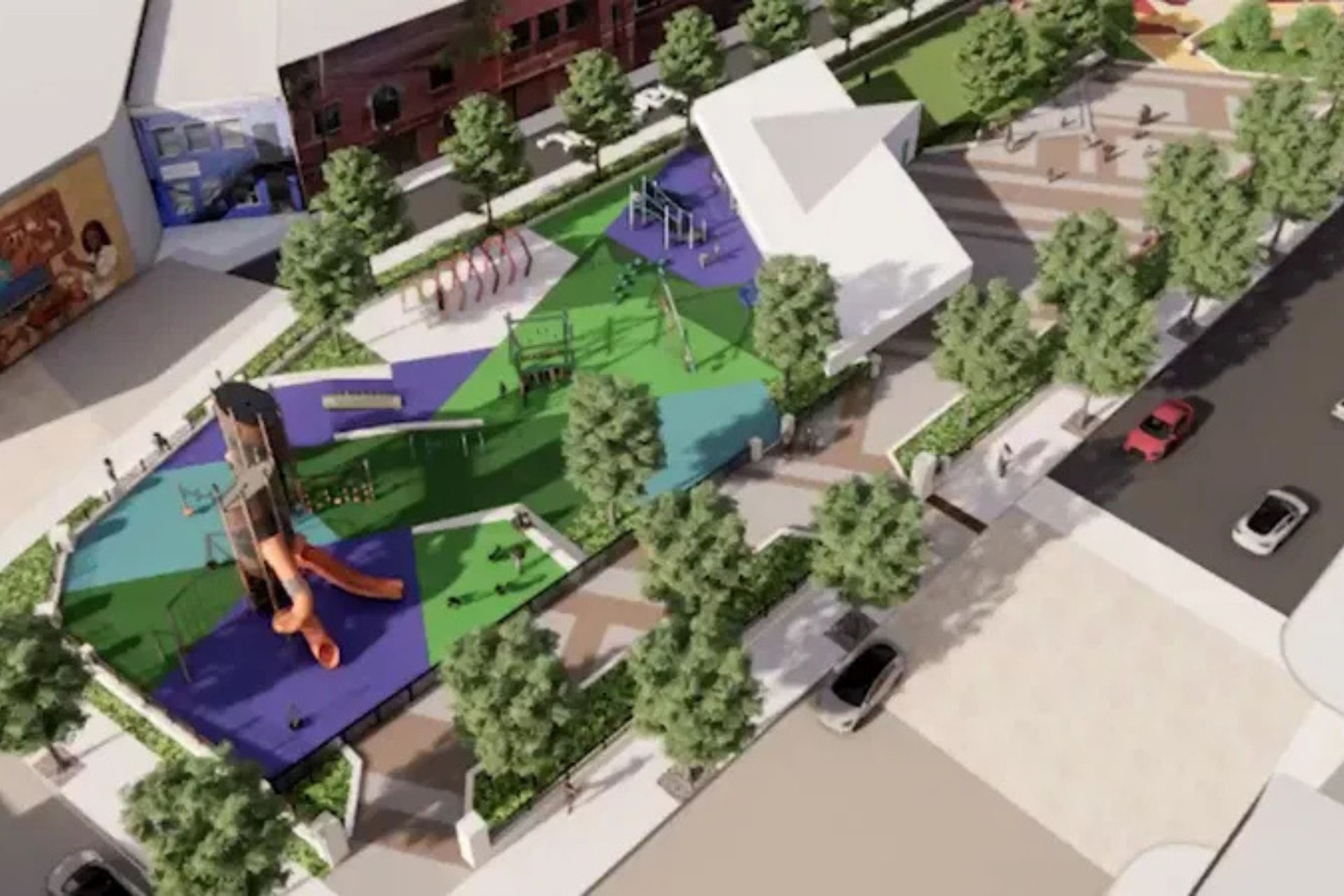 Aerial rendering of the renovated Grant Park, showing tree-lined paths, colorful play areas and open plazas.