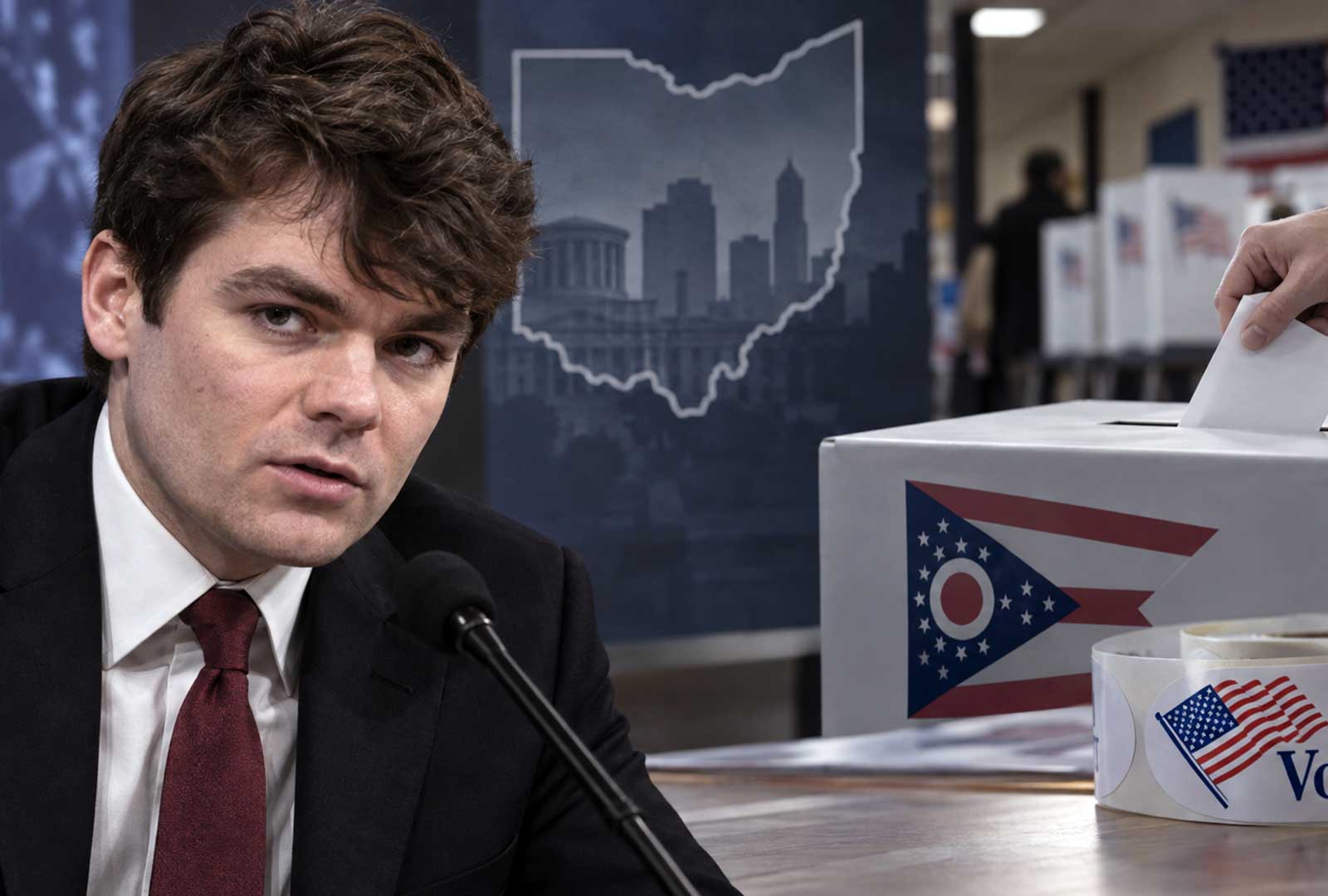 AI-generated editorial illustration of Nick Fuentes, leader of the Groyper movement, alongside an Ohio ballot box and voting imagery during the 2026 governor's race.