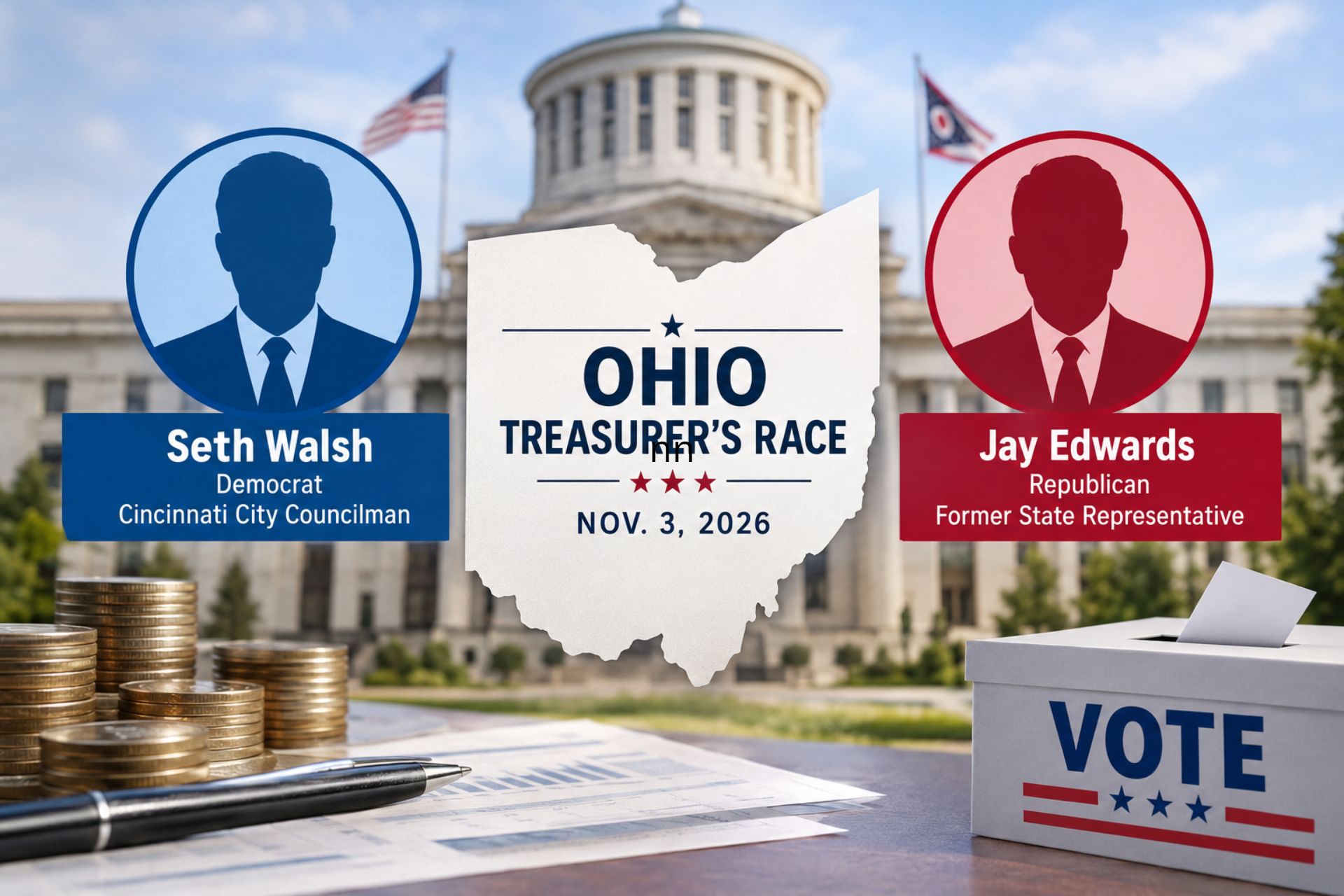 Graphic of Democrat Seth Walsh and Republican Jay Edwards in the Ohio treasurer’s race, Nov. 3, 2026.